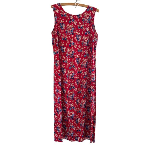 Vintage Emma James Vibrant Red Blue Floral Maxi Dress Rayon Size 14 - Picture 1 of 9